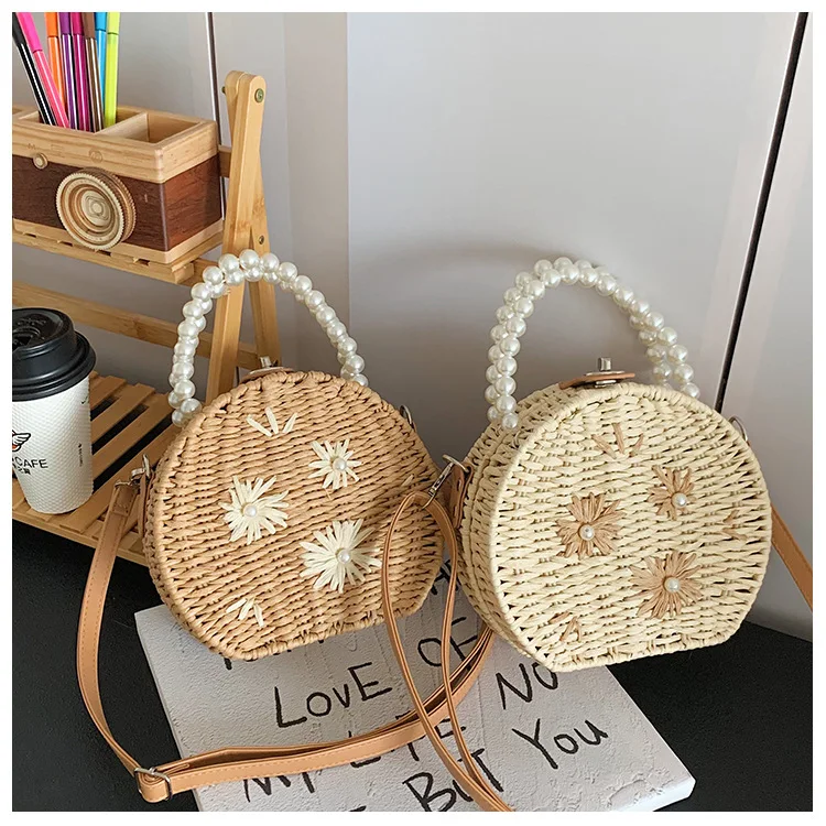 Round Crossbody Shoulder Bag Women Woven Beach Bag for Ladies Rattan Handmade Knitted Pearl Handle Straw Purse and Handbag bolsa