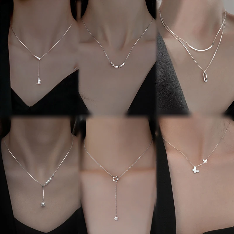 Exquisite 925 Silver Plated Hypoallergenic Necklace Long Star Heart Butterfly Pearl Clavicle Necklace for Women