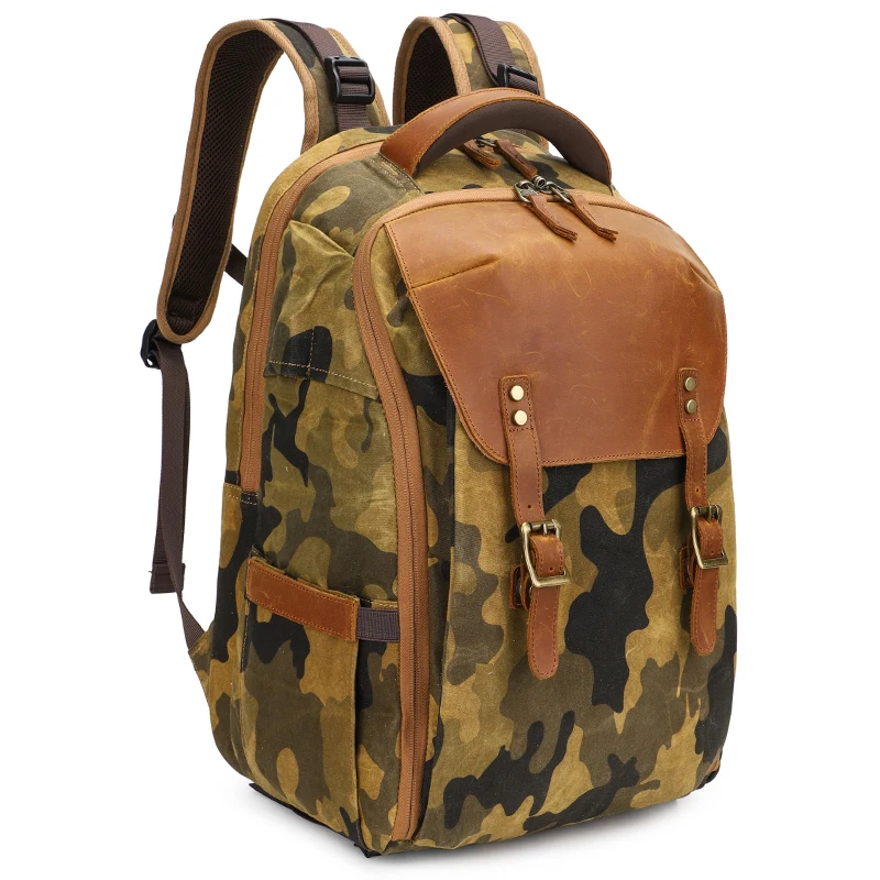 Waxed Canvas Leather Camo Camera Back Pack Large Digital DSLR SLR Camouflage Camera Backpack for Photographers