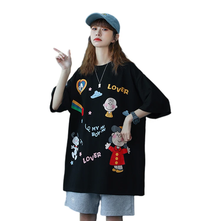 
VANWO 2021 summer new couples short sleeve T shirt male cartoon pattern trend Korean version loose cotton base shirt 