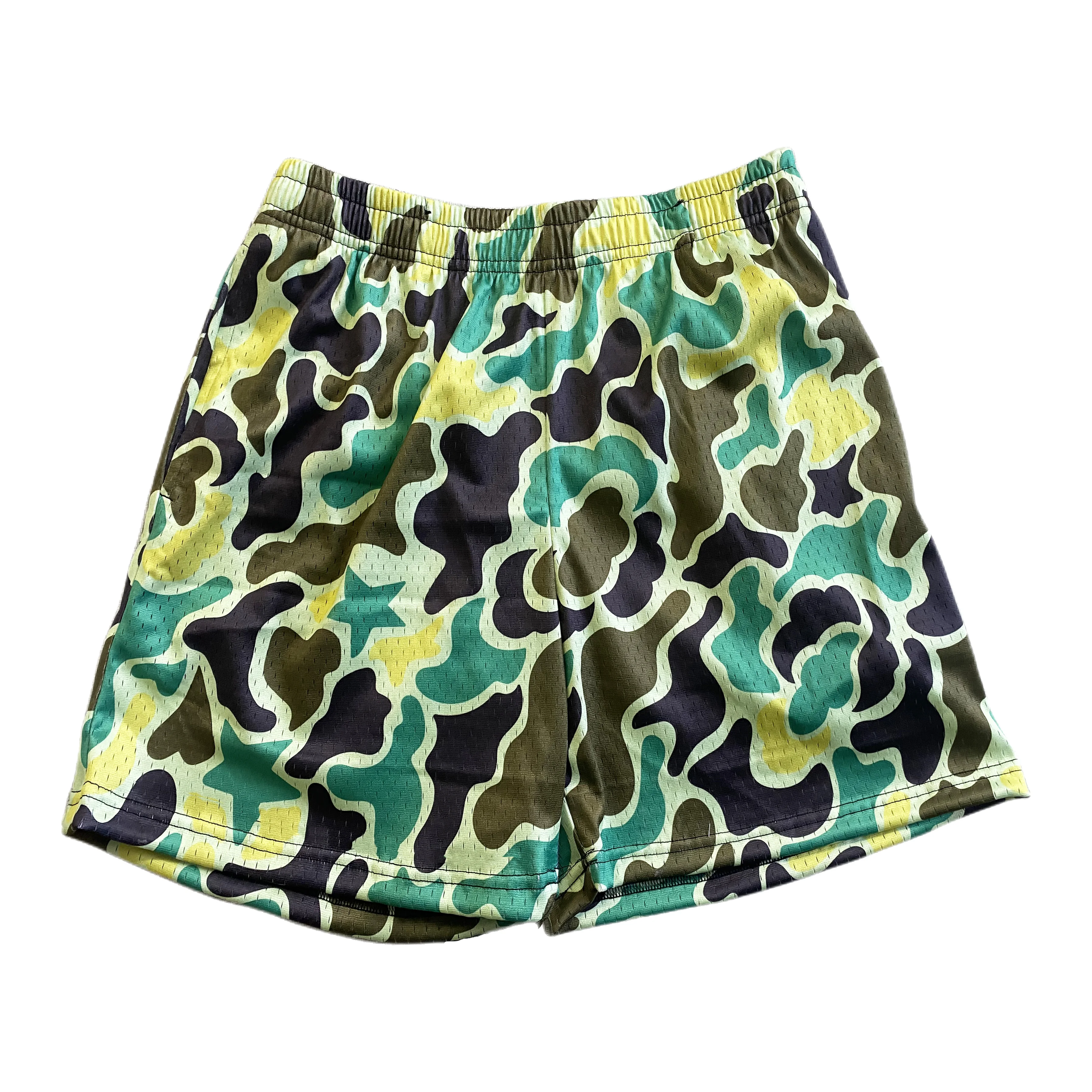 Heavyweight thick above the knee streetwear 5 inseam 6 inch inseam sublimation printed mens custom camo mesh shorts with pockets