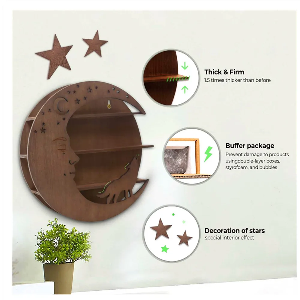 Hi Home Moon and Wolf Floating Shelf-Walnut Floating Shelves for Crystals, Plants, Trinkets-Crescent Moon Shelf with Stars