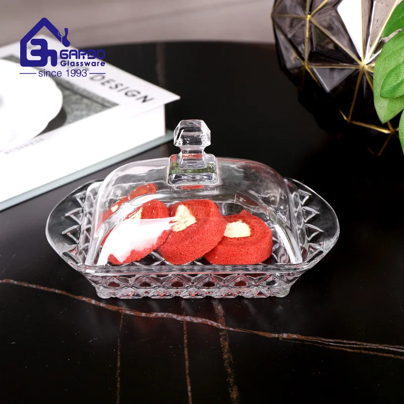 Wholesale Supermarket Supplier Glass Butter Dish With Lid High Quality Butter Plate For Home Restaurant Use Decorative Glassware