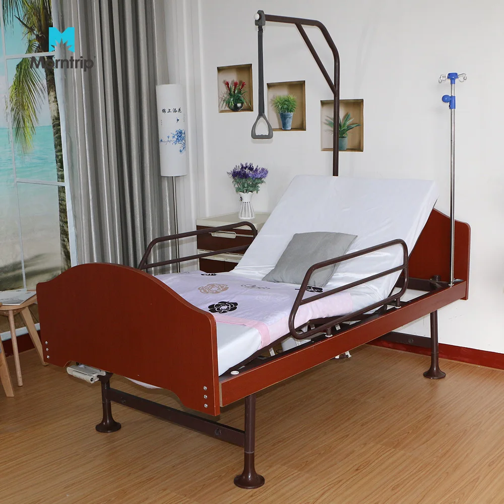 Factory Direct Wooden Nursing Home Patient Recovery Back Lift Fowler Medical Hospital Bed with Over Bed Pole Hoist