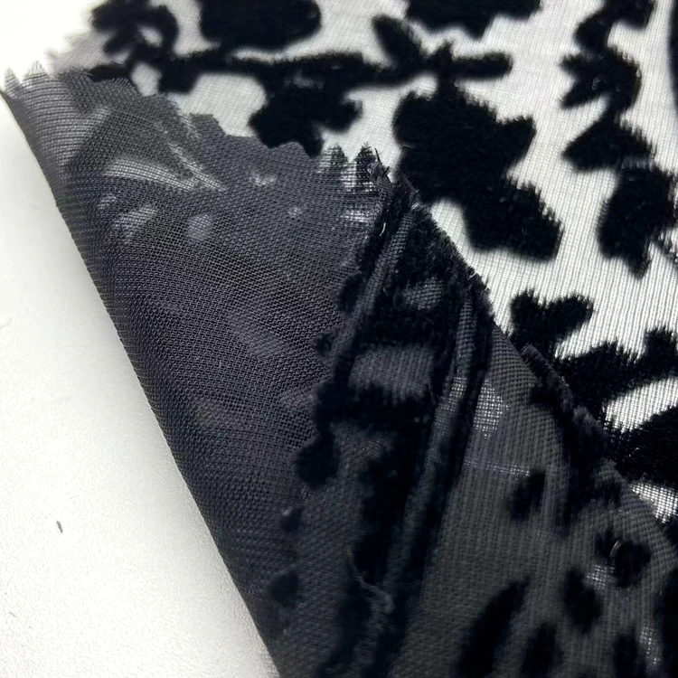 Классическое выгорание 80% вискоза 20% нейлон трикотаж черный цветок бархат выгорать сетчатая ткань для женского