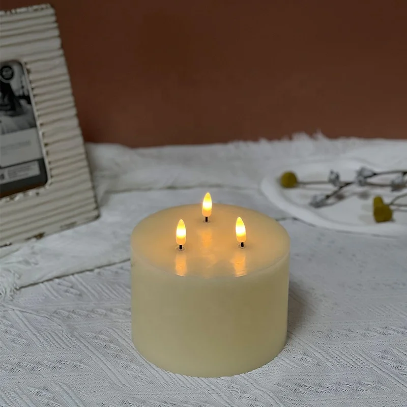 Custom Extra Large Paraffin Wax 3 Wicks Big Battery Operated Real Wax led candle 3D wick pillar led flameless candles