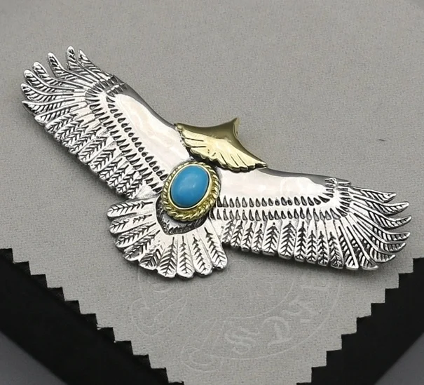 Fashion personalized jewelry solid 925 sterling silver big golden eagle feather turquoise pendant wholesale