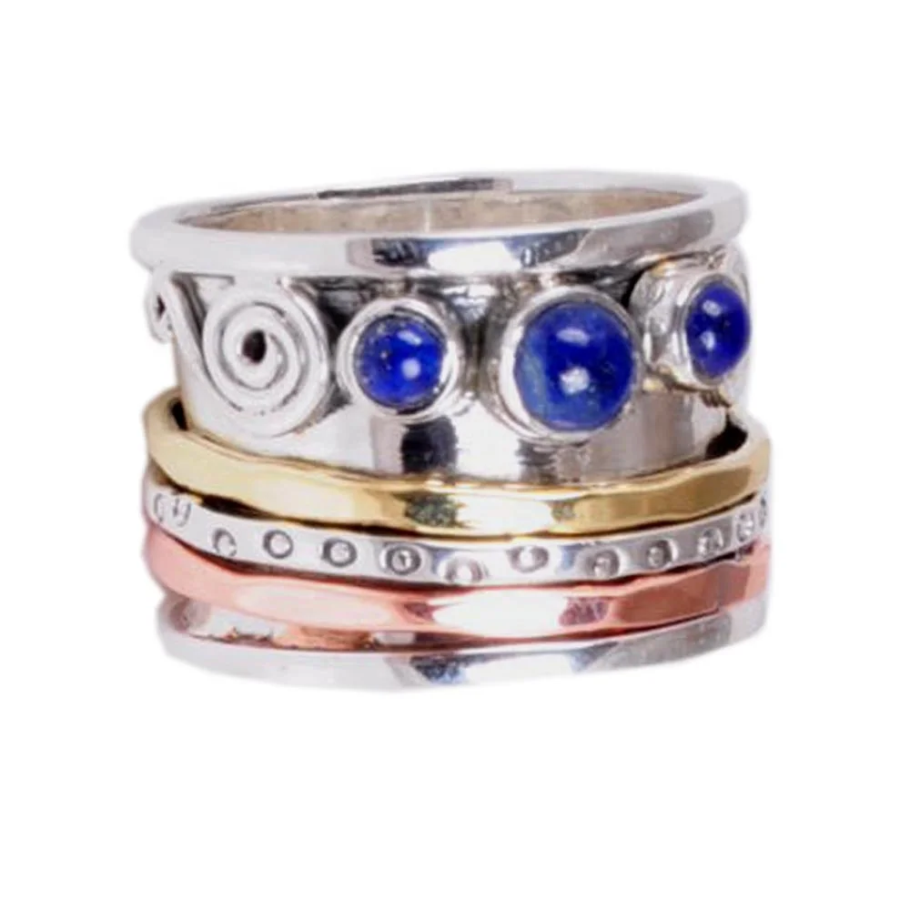 Triple Mixed Metal Lapis 925 Sterling Silver Hammer Ring