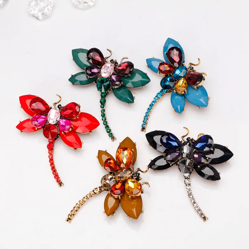 
Amazon Hot selling fashion tempered alloy rhinestone glass crystal awesome colored gemstone insect dragonfly brooch for women 
