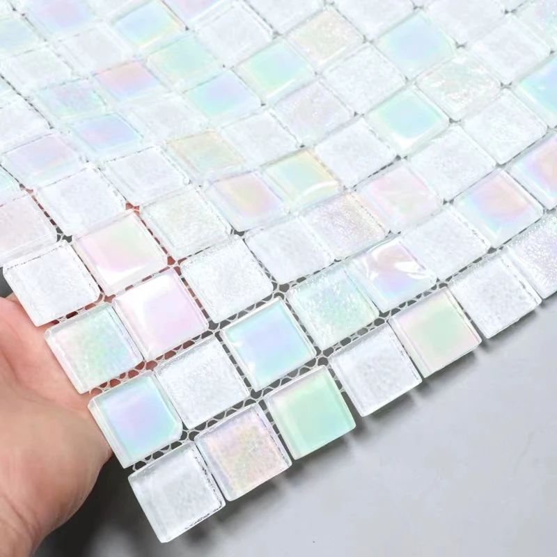 White Iridescent glass surface swimming pool mosaic