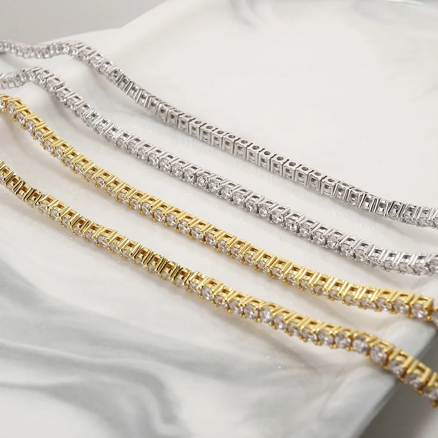 Wholesale Custom 3mm 925 Sterling Silver 18K Gold Plated Hip Hop Jewelry Bling Iced Out 5A CZ Diamond Tennis Necklace Chain