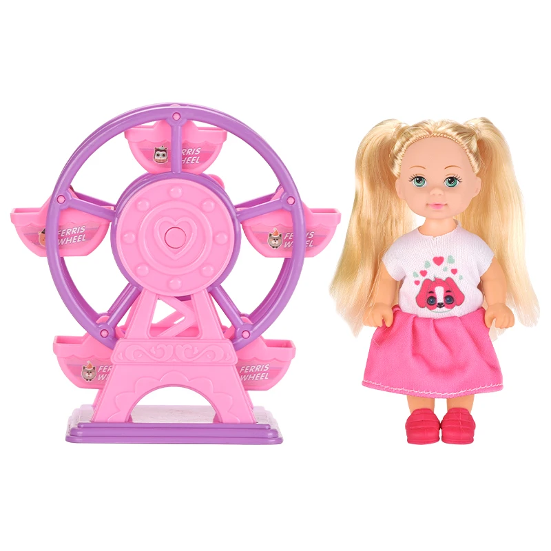 Baby Girl Fashion 4.5-inch Solid Doll Children Pink Pet Amusement Park FerrisWheel Toy Pretend Role Play House Toys