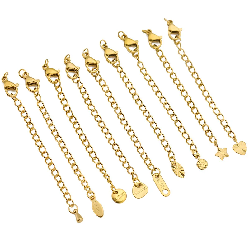 Wholesale Gold Plated Stainless Steel Extension Chains for Necklaces & Bracelets with Lobster Clasp and Various End Tags