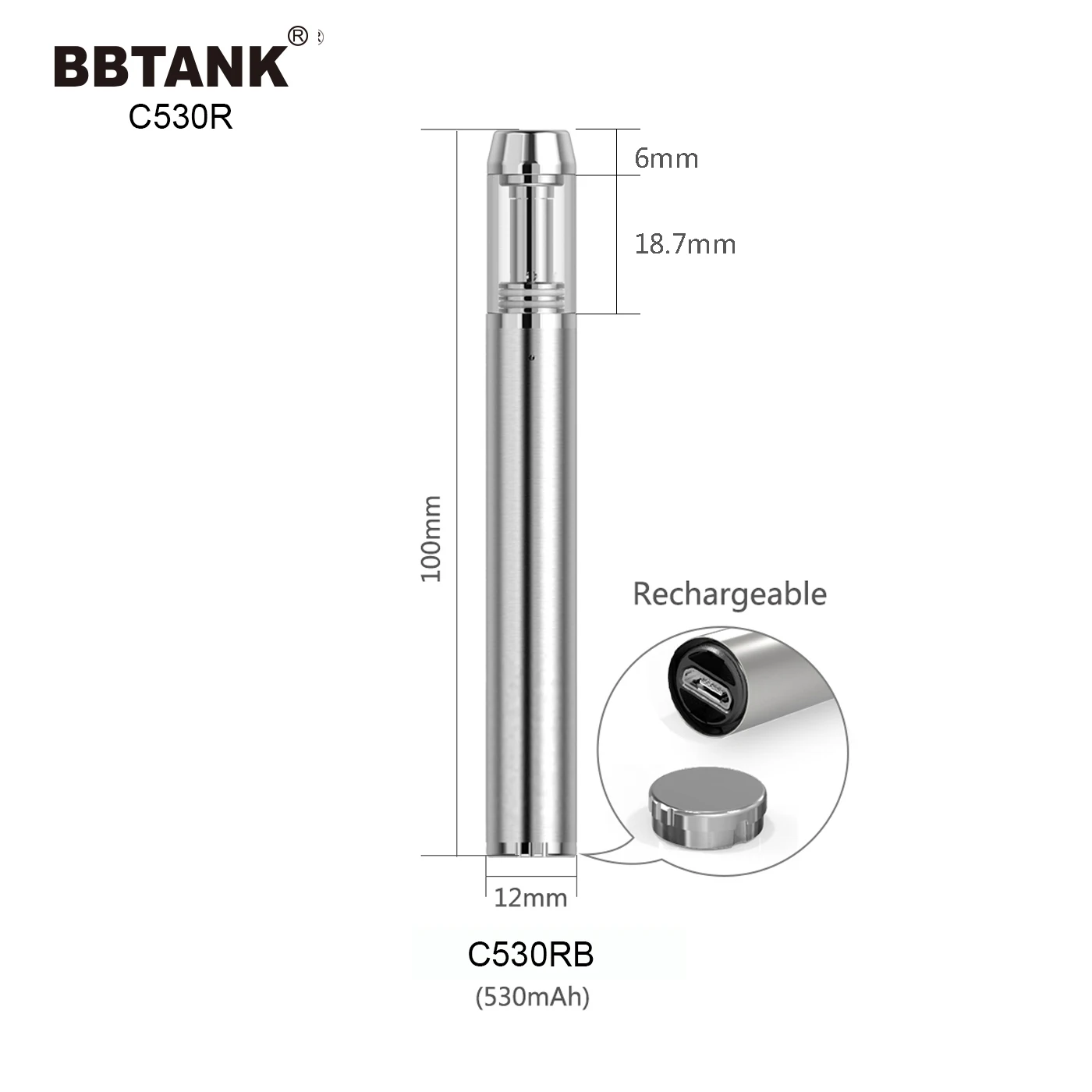 bbtank c530r 1 ml 0.5ml Wickless vape pen battery CBD rechargeable vaporizer pen