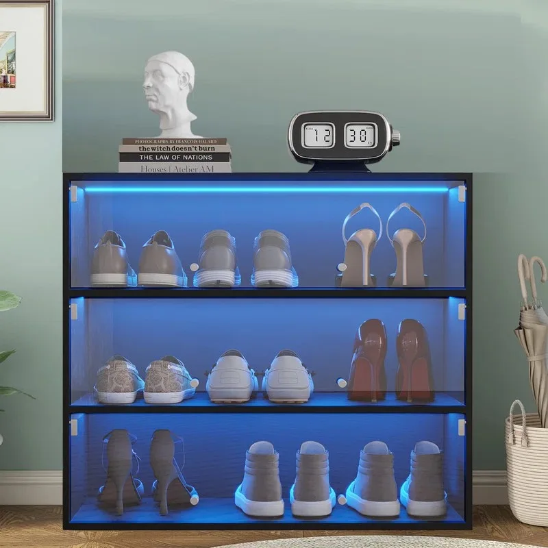 3 Tiers Shoe Storage Cabinet with Glass Door  RGB Led Light Shoe Rack Black Glass Door Shoe Box