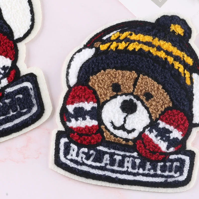 
Custom Cartoon Towel Embroidery Bear Sew On Chenille Patches for Clothing 