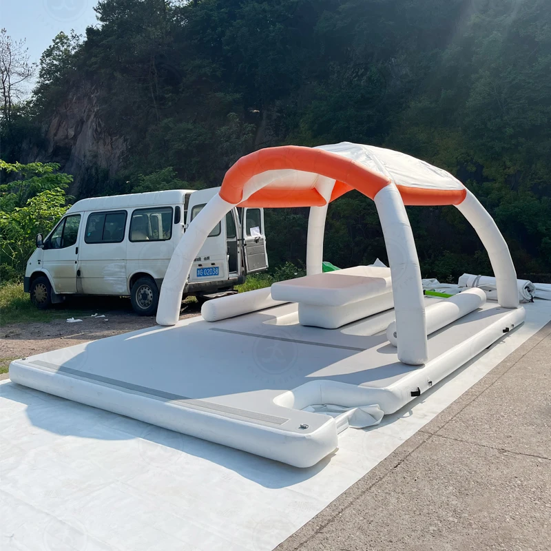 Leisure Inflatable Water Floating Island Modular Plastic Drop Stitch Float Dock Pontoon Platform With Chair And Tent