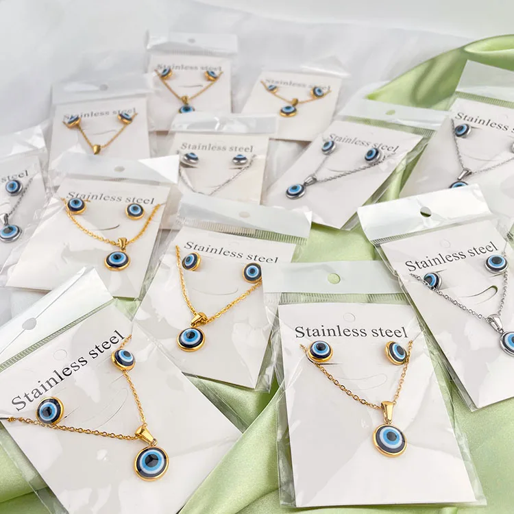 18k gold plated stainless steel tarnish free waterproof evil eye necklace earrings set jewelry for women