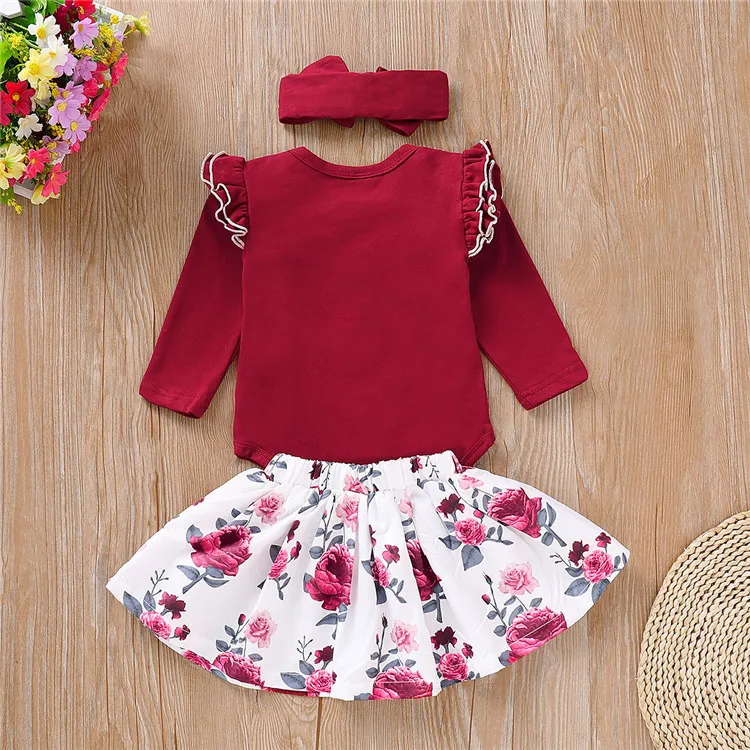 Baby Girl Boutique Clothing Sets Kids Outfit cute red top+ floral dress + hairband 3pcs Girls Clothing Set