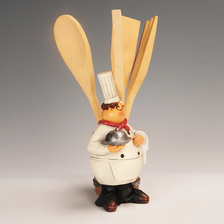
Wholesale resin figurine for table deco polyresin chef with wood utensil holder resin chef statue utensil holder 