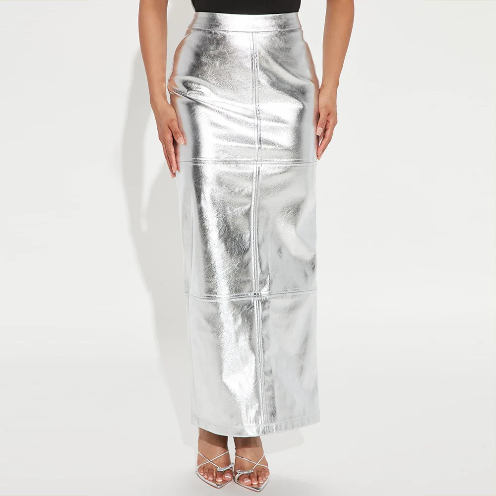 Summer new slim-fit bag hip splicing slit PU leather skirt