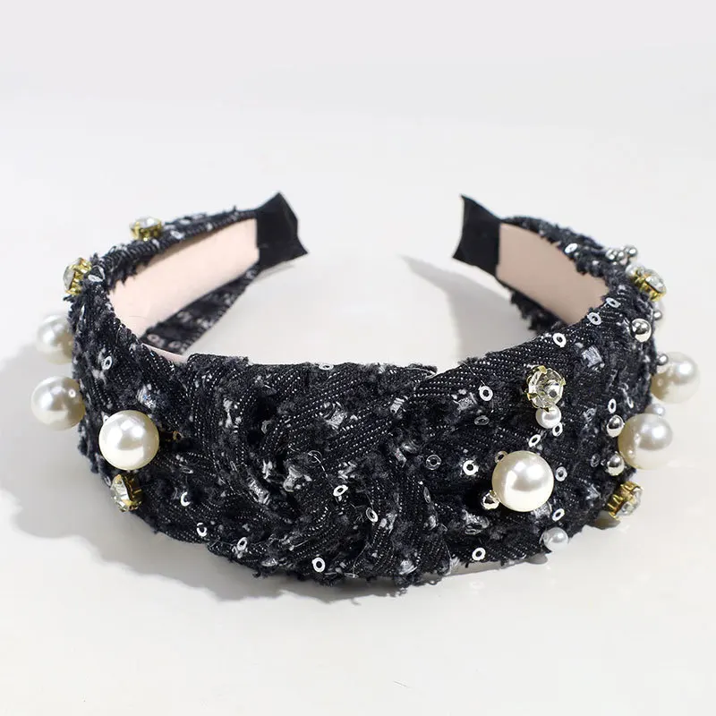 New Arrival Fashion Bow Knot Denim Hiar Band for Women Bling Crystal and Pearls Decorated Denim Headband in Hairbands