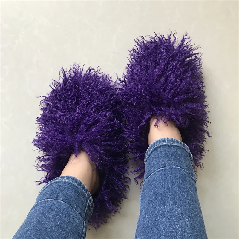 Luxury winter Fur Slipper Colorful Furry faux sheepskin Indoor Warm Wool Cotton women Slippers snow boots