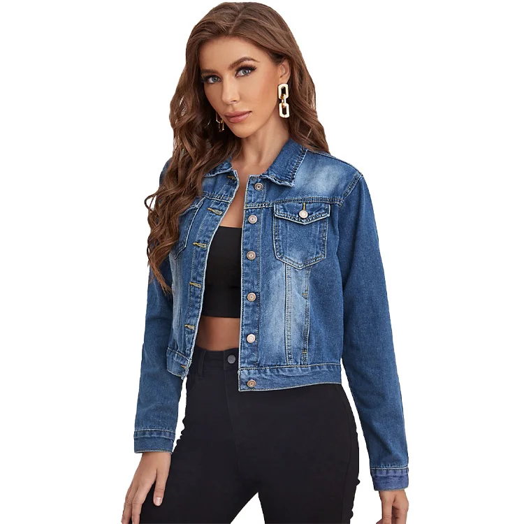 New customized jean ladies coat fashion indigo denim jacket custom medium wash button front denim jacket