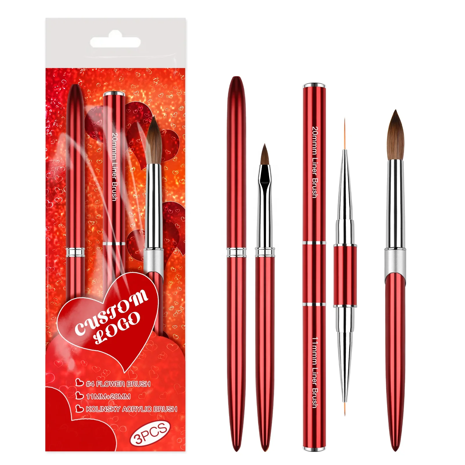 Tiktok Most Popular Dark Red Metal Handle Professional 100%  Kolinsky Sable Nail Brush 3d Nail Art Brush Set Best Quality #2-#24