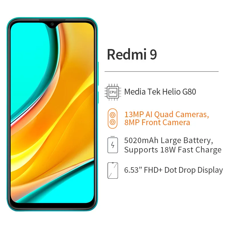 В наличии, Смартфон Xiaomi Redmi 9 глобальной версии, 4 Гб 64 ГБ, Восьмиядерный Helio G80, 13 МП, дисплей 6,53 дюйма FHD +, аккумулятор 5020 мАч