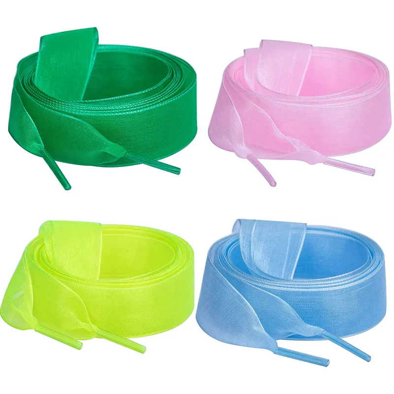 Yrunfeety 2CM Flat Ribbon Shoelaces Colorful Satin Shoelaces 60-180CM Transparent Flat Silk Shoelaces for Women Sneakers