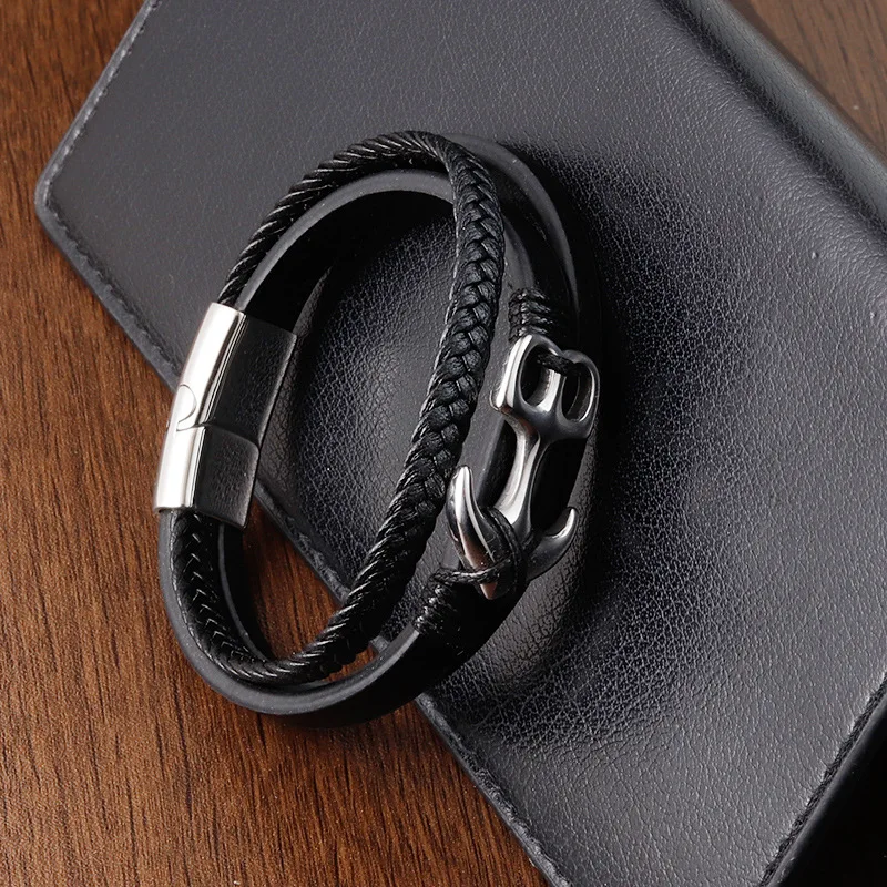 Best Selling Punk Jewelry Bracelet Stainless Steel Anchor Magnetic Clasp Handmade Real Genuine Leather Bracelet Men