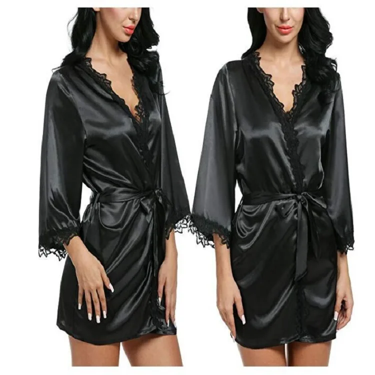 Wholesale custom casual silky black nightdress sets 2 pieces pure color satin silk womens robe