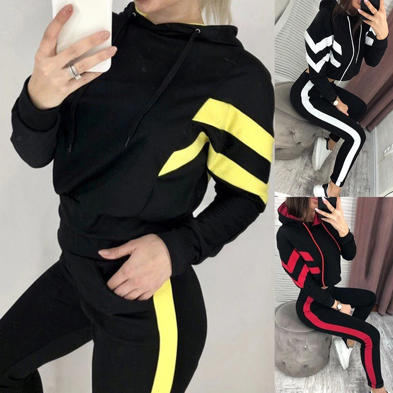  2021 wholesale 95 cotton pullover hoodie and jogger suit stripe set for