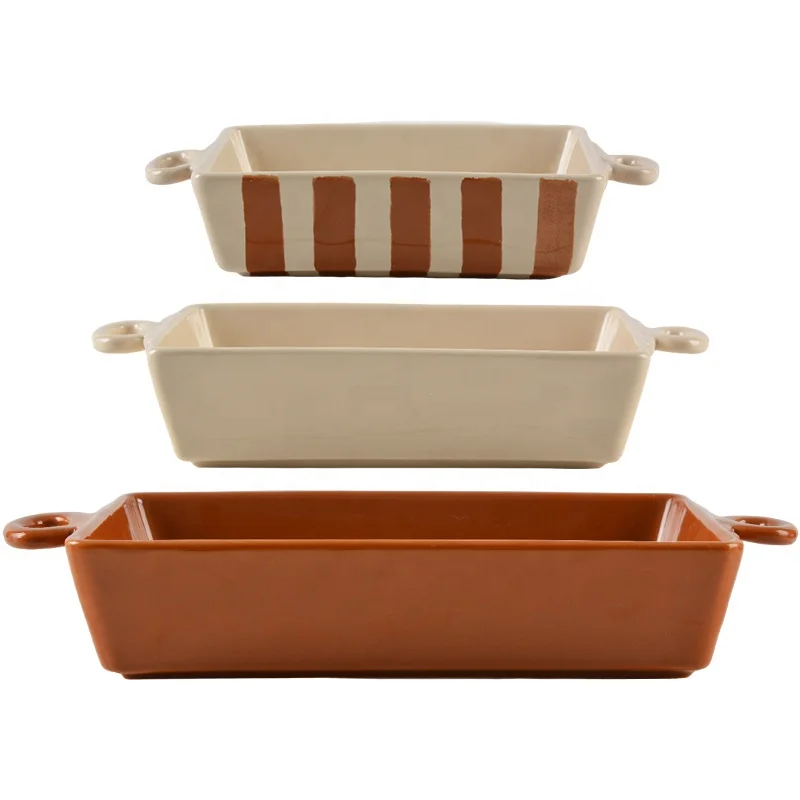 Custom Microwave Ovenware Food Tray 3 Pieces Cookware Rectangular Baking Dishes Ceramic Bakeware Plate With Handles