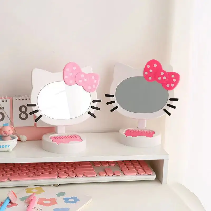 Складное настольное зеркало для макияжа Hello KT Cat с расческой вращающееся на