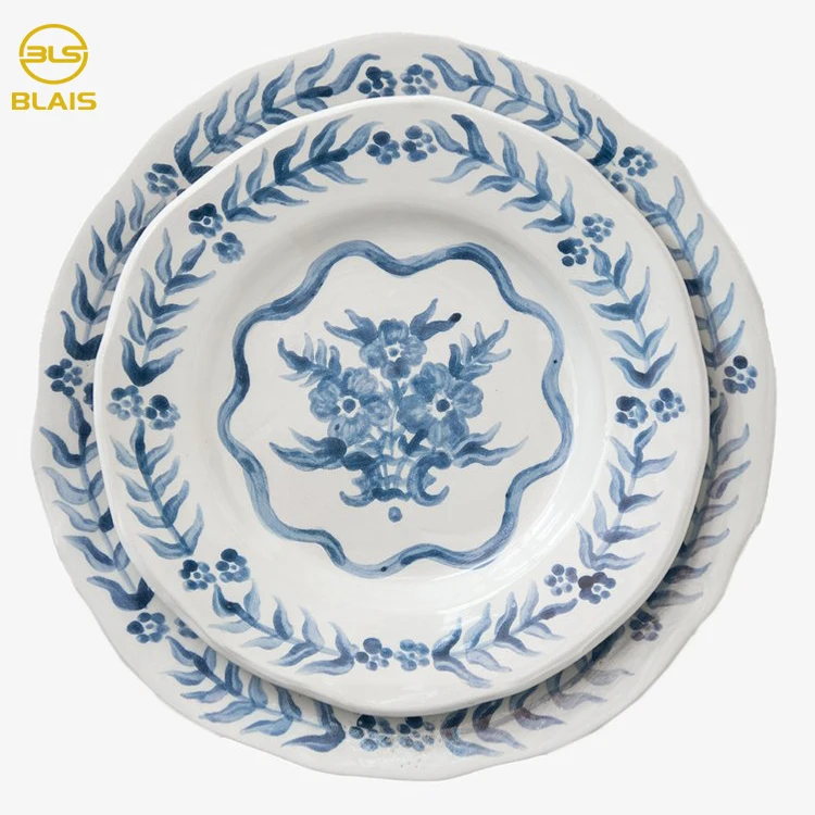 green blue vintage floral restaurant porcelain ceramic dish & plate , modern luxury  crockery wholesale custom  dinner  set