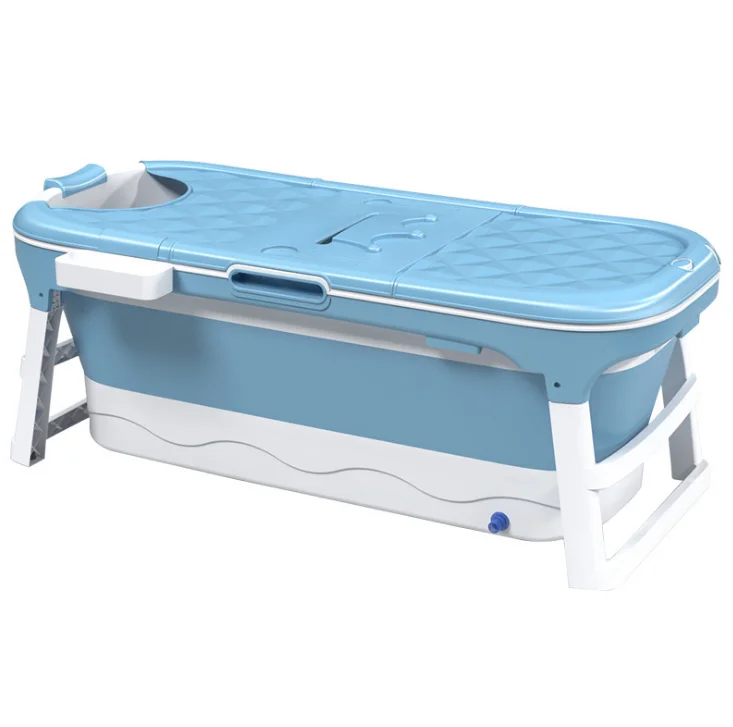 Extra Large Foldable Bath Tub Bathtub for Toddler Children Twins Adult with Cover Handle Drain Hose Blue