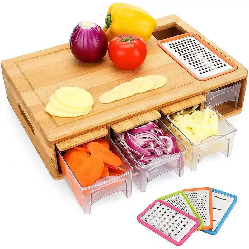 Bamboo cutting boards with 3 storage box kitchen chopping board with juice groove drawer cutting board with grater