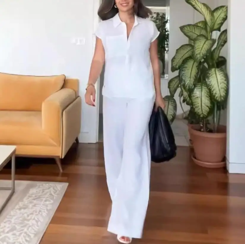 2024 Summer Fashion Short Sleeve Pocket Cotton Hemp Half Open Shirt Wide Leg Pants Two Piece Set