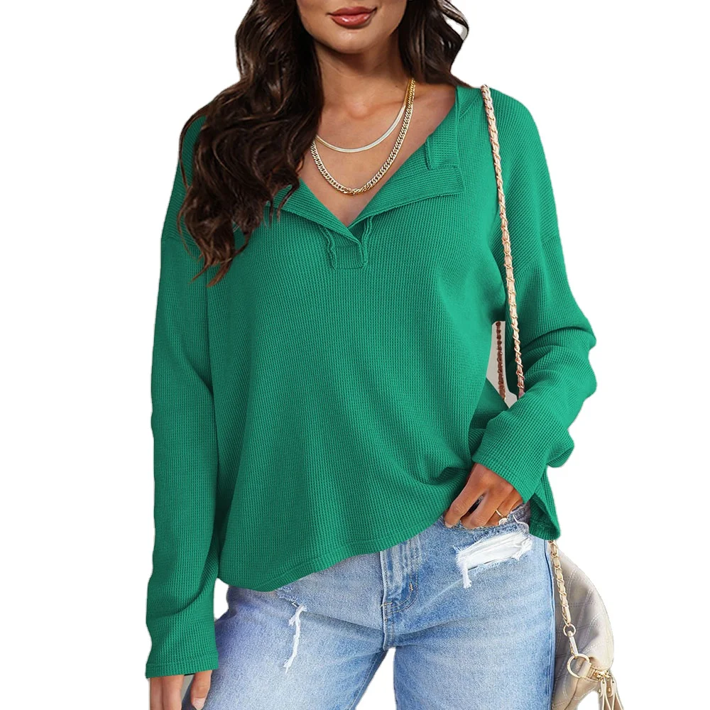 Custom solid color knitted top thread V-neck long sleeve shirt blouse