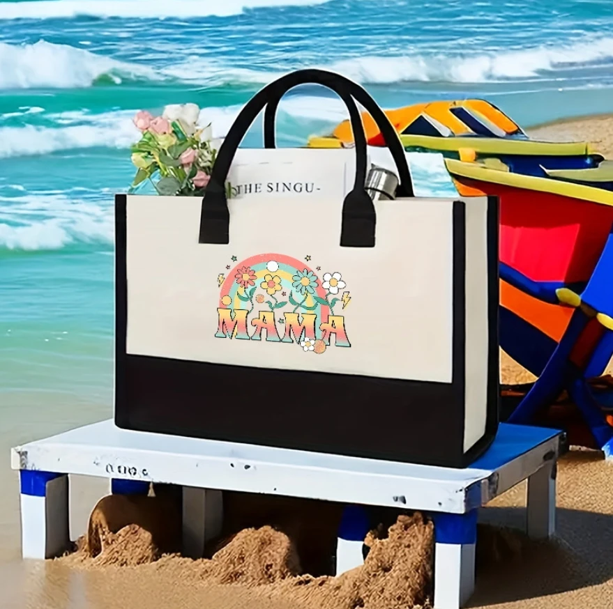 Wholesale Personalized Mother Designs Printed Shopping Bags Large Capacity Cotton Linen Portable Beach Bag Women Canvas Handbag