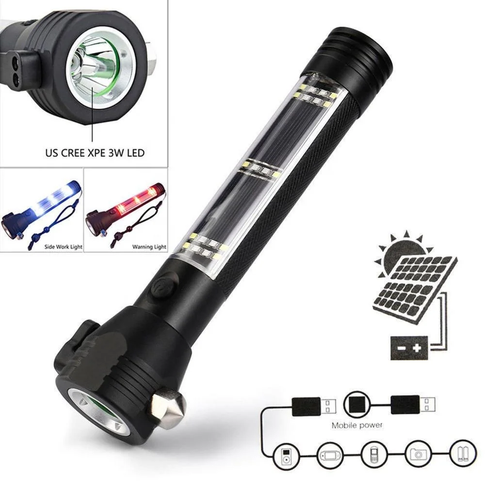 Car Flashlight Solar Power Tactical Flashlight Bright LED Emergency Torch Light With Safety Hammer Seat Belt Cutter Compass