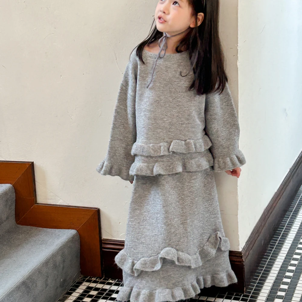 2024 Fall Baby Girls Clothes Two-Piece Suit Soft Solid Knitted Sweater+Skirt Clothing Sets for Girls