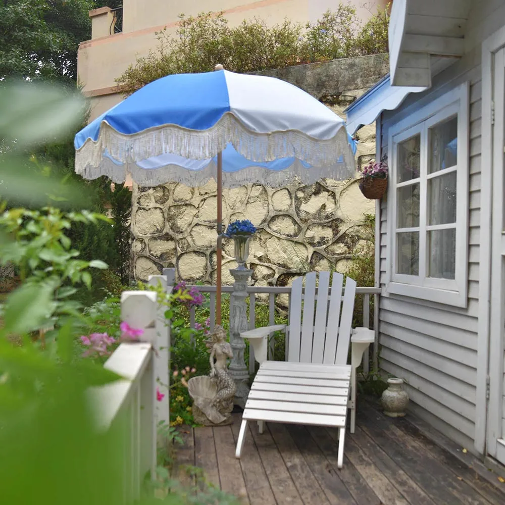 Custom Outdoor Large Pool Patio Fringe Sun Shade Parasols White Vintage Boho Style Market Beach Garden umbrellas With Tassels