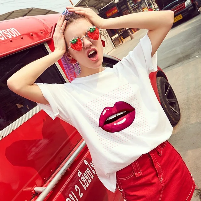 
Women O-Neck Short Sleeve Top Tee Red Lips Printed T Shirts 