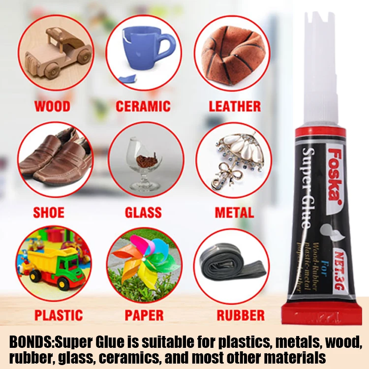 Foska Anti Clog Cap All Purpose Fast Invisible Repairs 3 Gram Cyanoacrylate Glue for Hard Plastics DIY Craft Metal