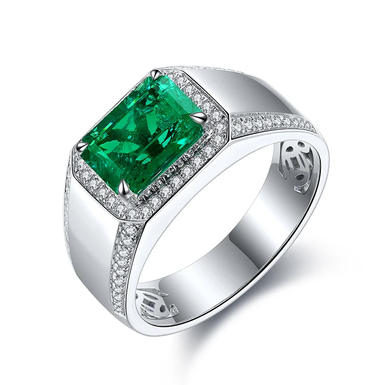 Men Fine Jewelry 3CT Colombian Lab Grown Emerald Stone Men Ring Made In 925 Sterling Silver