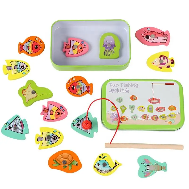 2023 Pink Wooden Magnetic Ocean Fishing Toy Game & Jigsaw Puzzle Board Juguetes Fish Magnet Toy