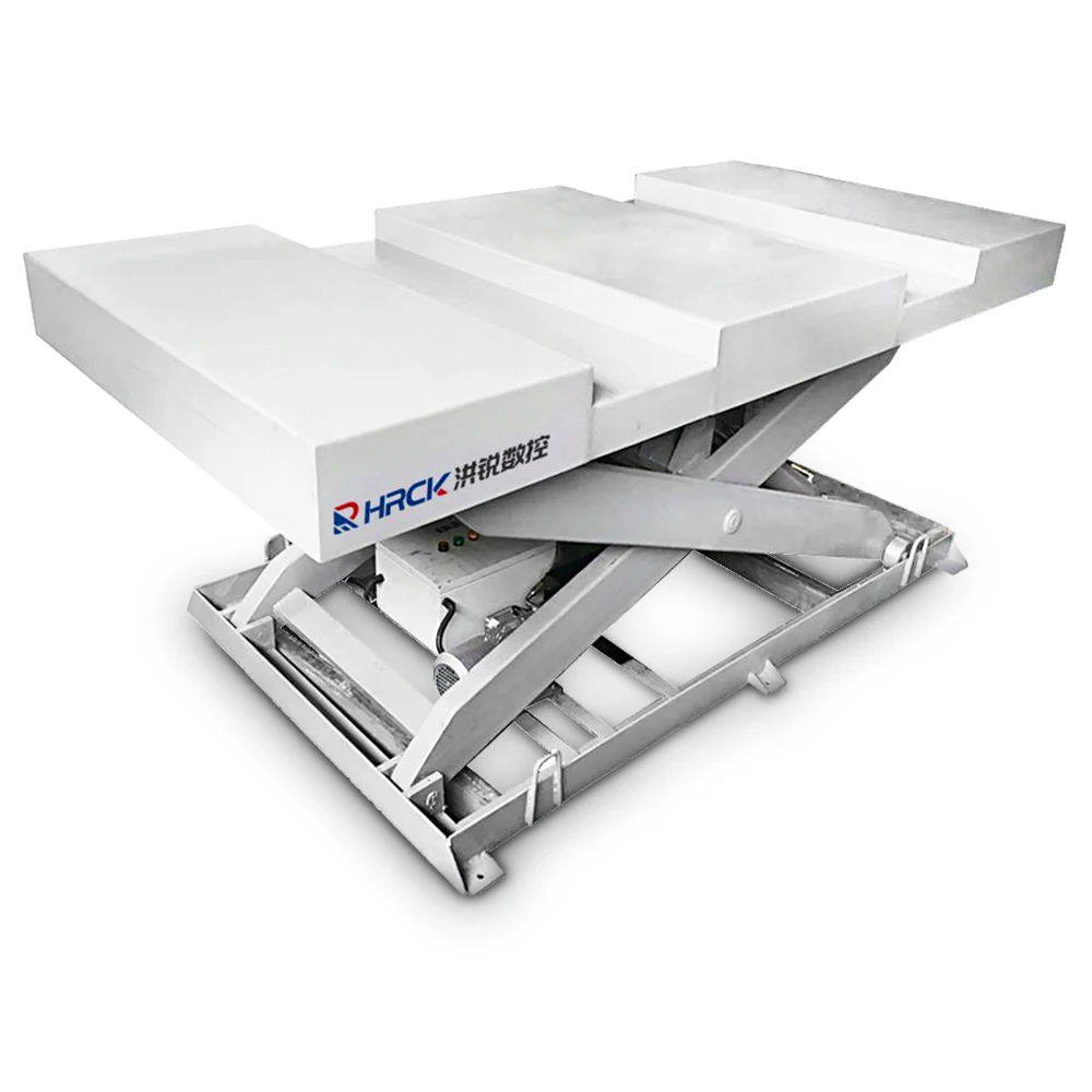 Hydraulic scissor type stationary lifter with conveyer table system for CNC panel cutting saw loading and off loading device